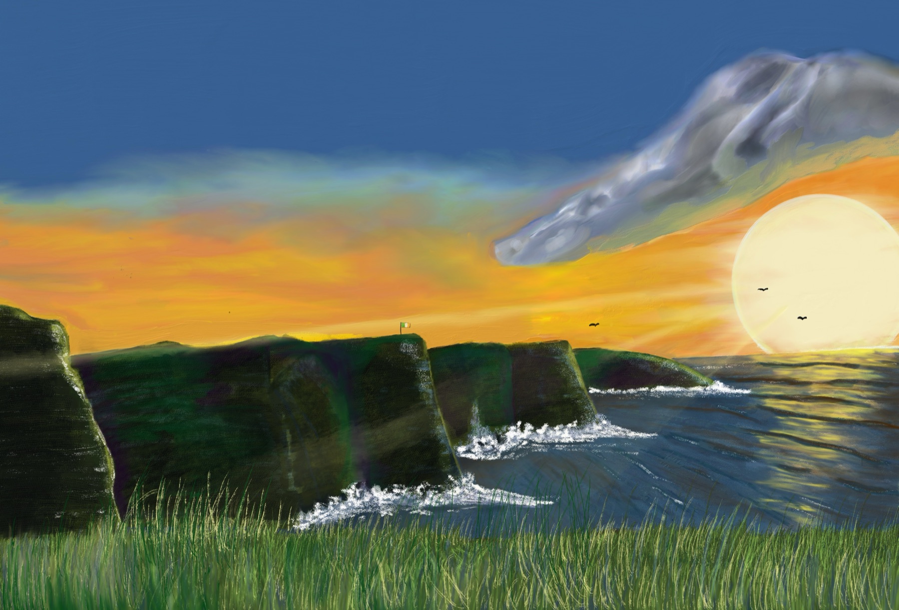 Cliffs of Moher at sunset: green cliffs stepping out to sea, surf at their feet, a low sun on the water, and a small Irish tricolour on the clifftop