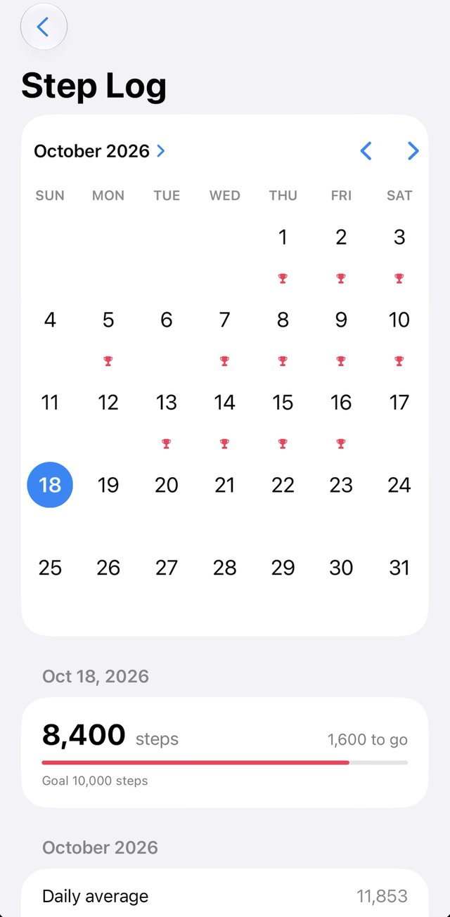 I'm Worthy step log on iPhone: an October 2026 calendar with a trophy on each day the 10,000 step goal was met, and today's 8,400 steps with a progress bar.