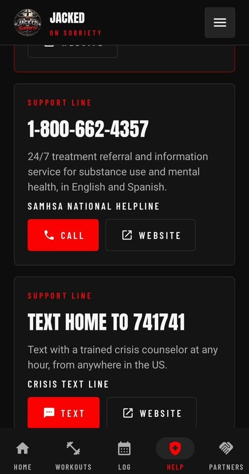 Jacked on Sobriety app help screen on Android: the SAMHSA National Helpline and the Crisis Text Line, each with a call or text button and a website button.