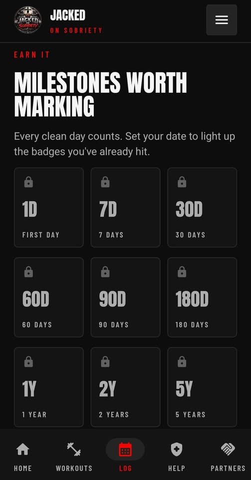 Jacked on Sobriety app milestones screen on Android: a grid of badges from one day through five years, shown locked until a clean date is set.